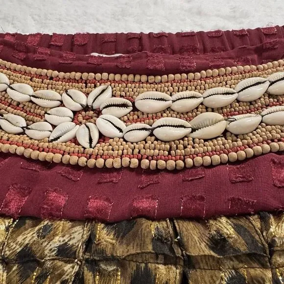 Sandy Starkman Multi-Color Patterned Maxi Skirt Tiered Beaded Shells Size M Boho